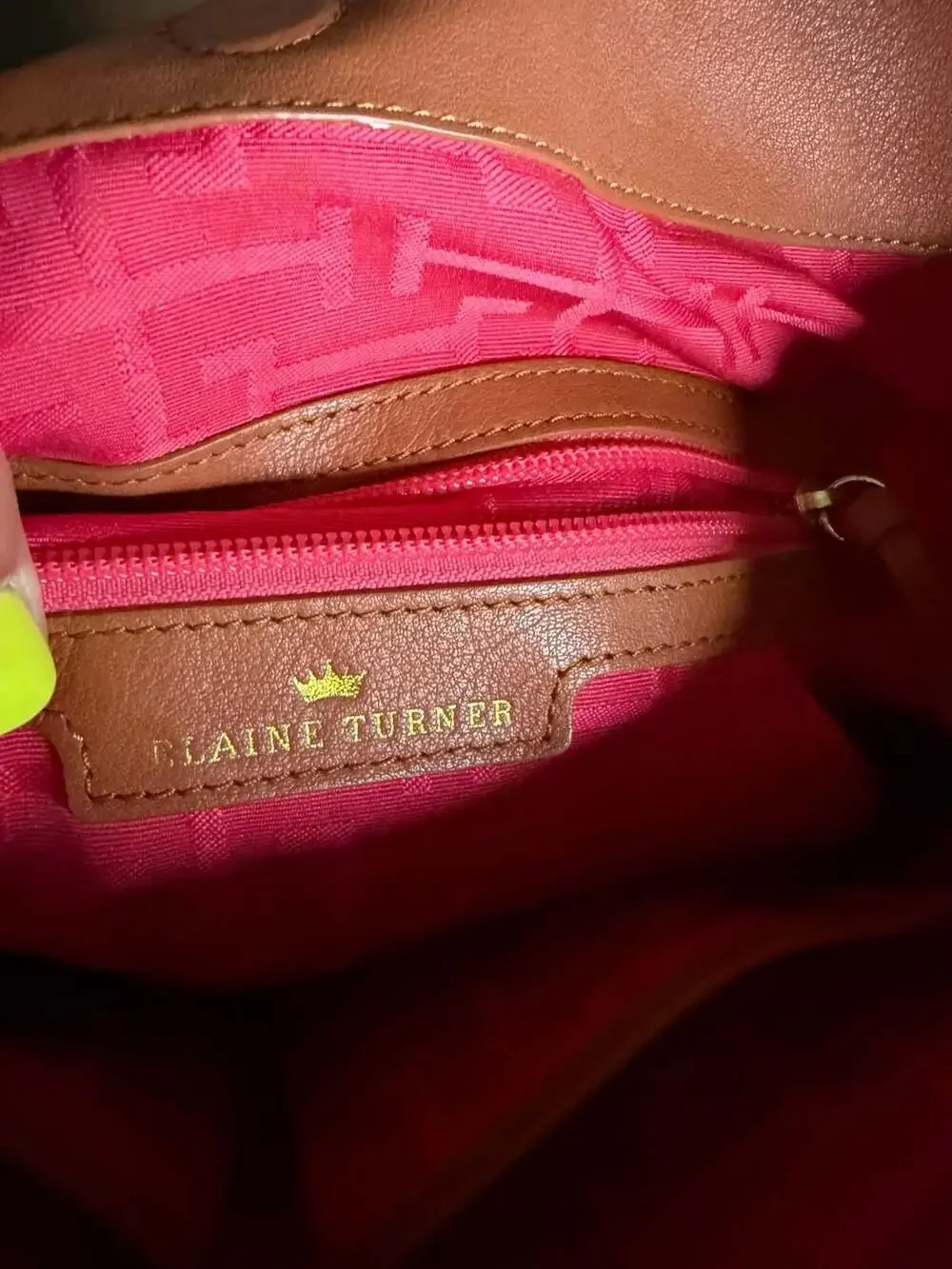 Elaine Turner Cognac Leather Fringe Hobo Shoulder Bag with Pink Lining